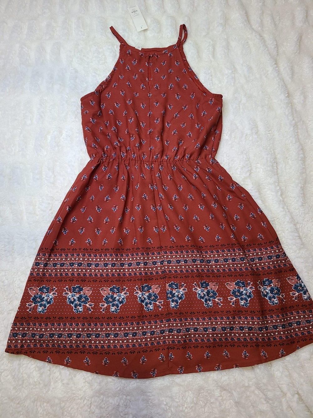 Francescas Blue Rain Dreess Rust Red Halter Sundress with Border Print XS - Picture 9 of 9